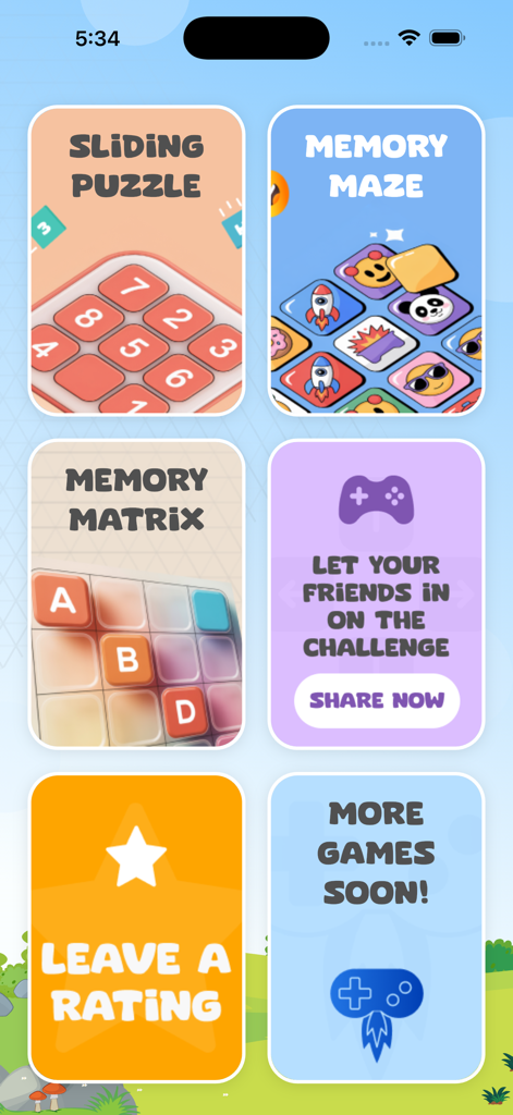 Brain Games: Offline Puzzle - Pantalla de la aplicación Juegos Cerebrales que muestra diferentes modos de puzles de lógica y memoria, incluyendo Rompecabezas Deslizante y Laberinto de Memoria