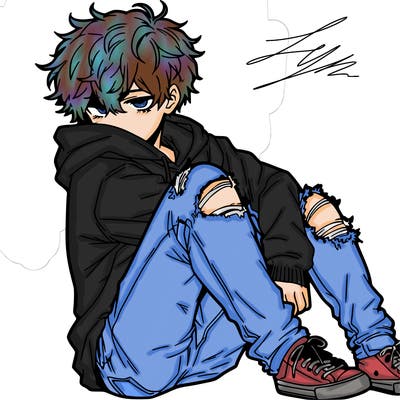 a male hoddie ripped jeans messy hair anime