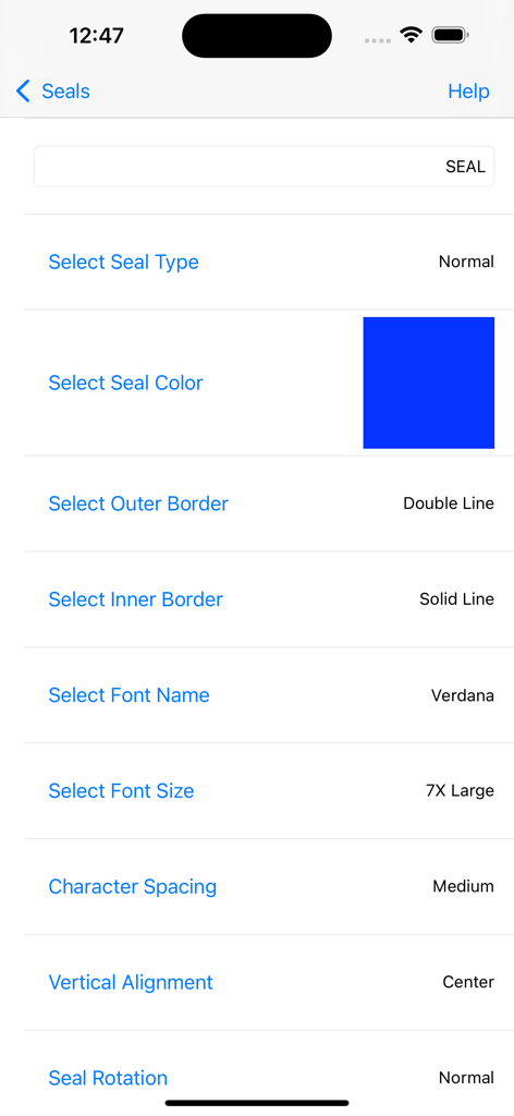 Interface para personalizar um carimbo digital de empresa com opções de cor, bordas e tipografia