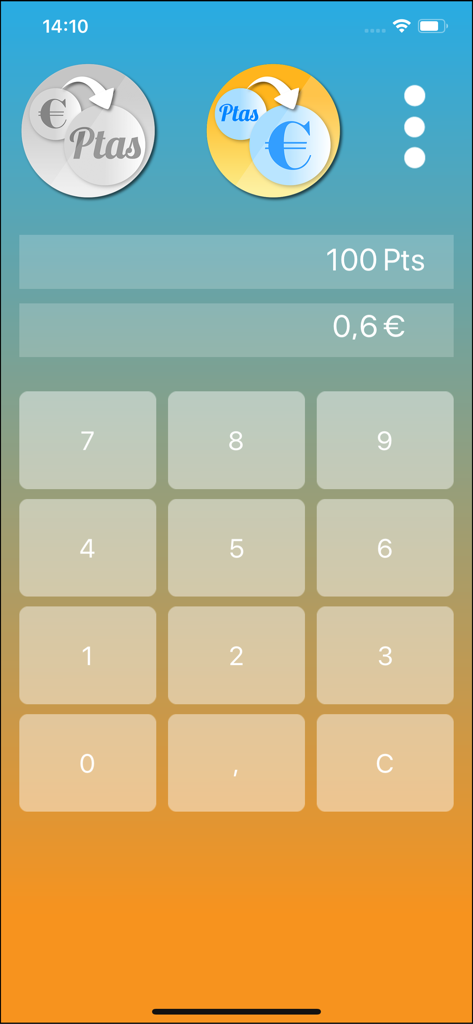 Peseta Euro Conversor - Interfaz de la aplicación Peseta Euro Conversor que muestra la conversión de 100 pesetas a 0,6 euros con un teclado numérico.