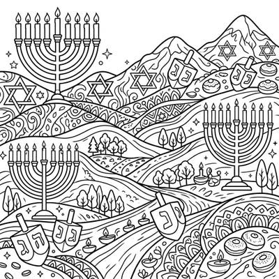 Immerse yourself in the spirit of Hanukkah with this delightful coloring page featuring festive elements set against serene rolling foothills. Enjoy bringing menorahs, dreidels, and Stars of David to life with your favorite colors.