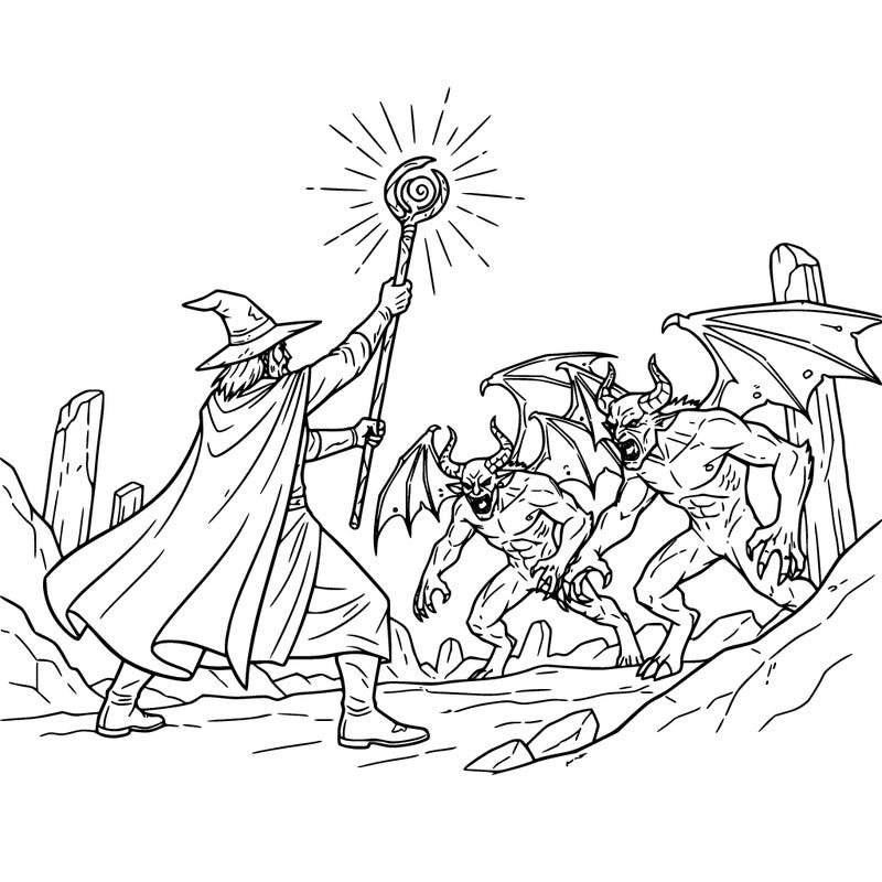 wizard holding a glowing staff aloft, facing off against a group of angry demons
