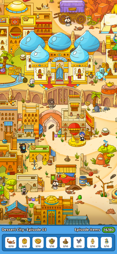 Found It! Hidden Object Game - Un colorido nivel de ciudad desértica en el juego de objetos ocultos ¡Lo Encontré! que presenta un palacio y elementos de búsqueda del tesoro.