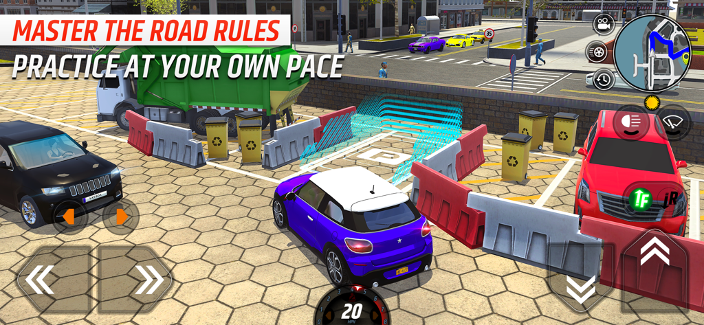 Gameplay showing a blue car navigating a city parking course with a master the road rules text overlay