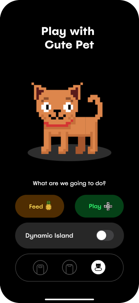 Wallpapers for Dynamic Island - A pixel art cat interface within the app showing customization options for the iPhone Dynamic Island