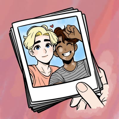 realistic, best friends taking a polaroid picture