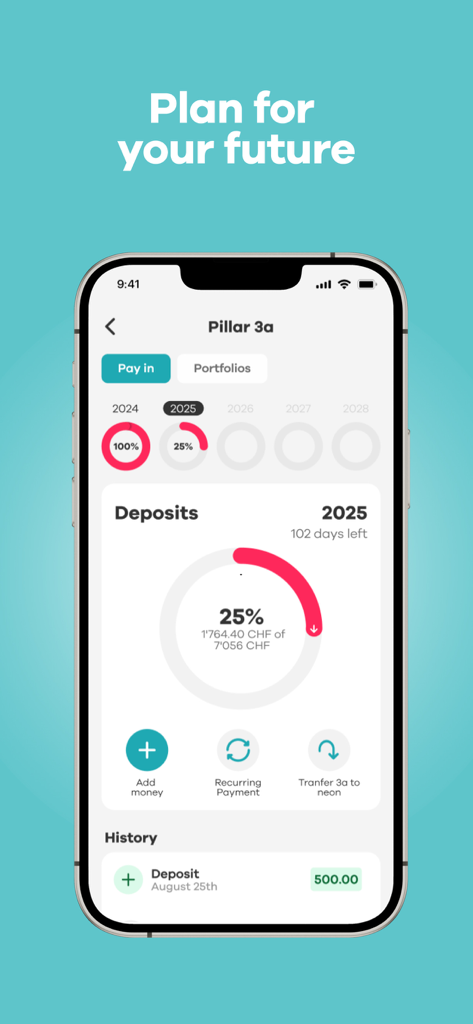 Interfaz de la aplicación neon mostrando el plan de ahorro para la jubilación del Pilar 3a con seguimiento e historial de depósitos
