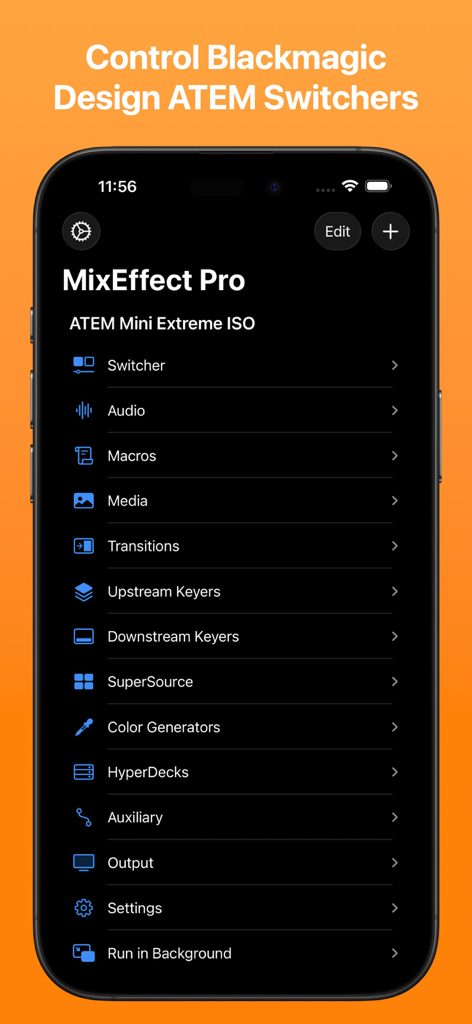 MixEffect (Trial & Pro Unlock) - MixEffect Pro mobile app menu showing control options for Blackmagic Design ATEM switchers