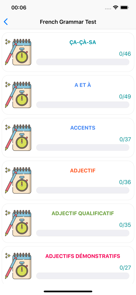 French Grammar Test - List of French grammar topics including accents and adjectives with progress counters