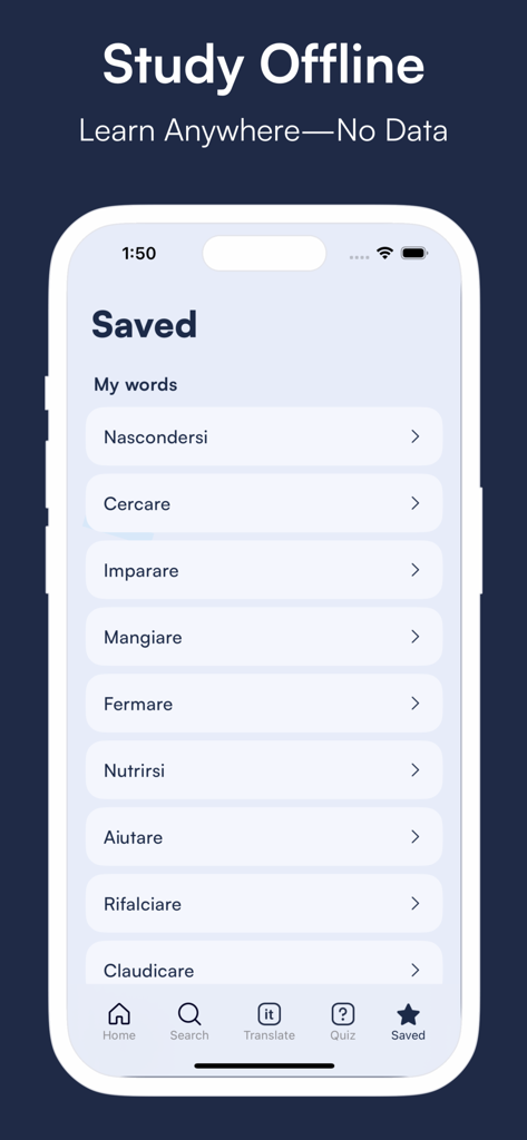 Vurbit: Learn Italian Fast - A list of saved Italian verbs in the Vurbit app for offline study