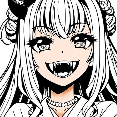 anime girl, vampire teeth,demon slayer themed, evil smile