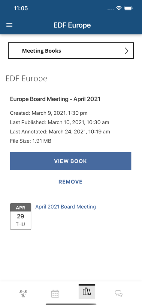 Una pantalla de la aplicación BoardEffect que muestra los detalles de un libro de reuniones de junta, incluido un botón para ver el libro y la fecha de la reunión