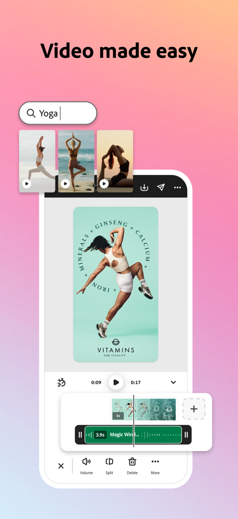 Adobe Express: AI Photo, Video - Adobe Express mobile app interface showing video editing tools and a yoga marketing video template
