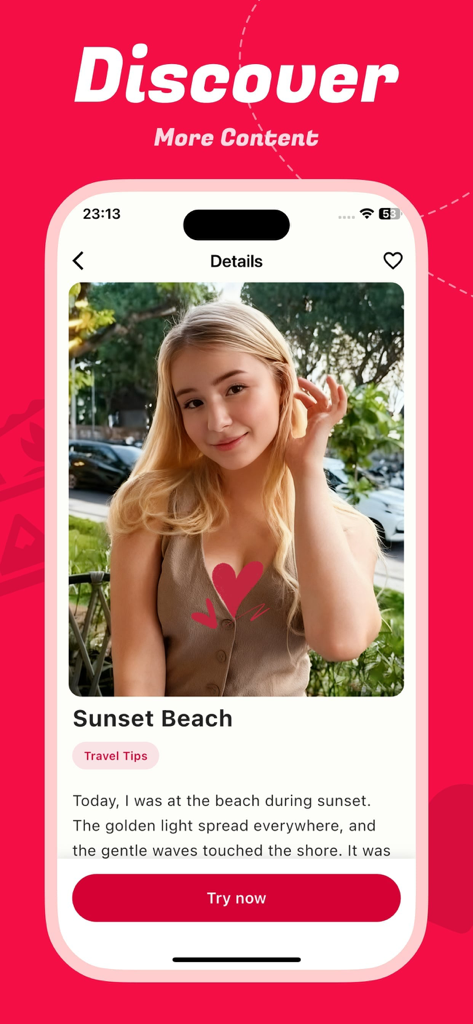 Buloo - Buloo app screen showing an AI-generated travel diary entry with a sunset beach photo and descriptive narrative text