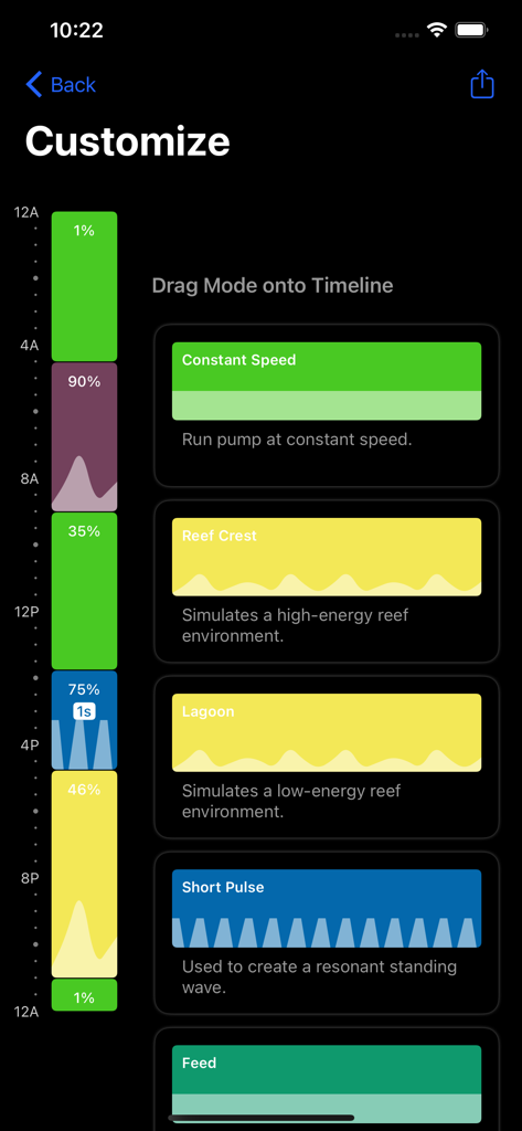 Mobius - Tela do aplicativo Mobius mostrando a personalização do cronograma de fluxo da bomba do aquário