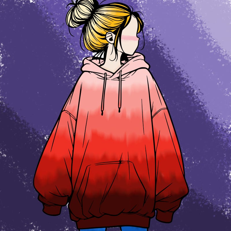 realistic girl with a oversized sweatshirt on and a bun