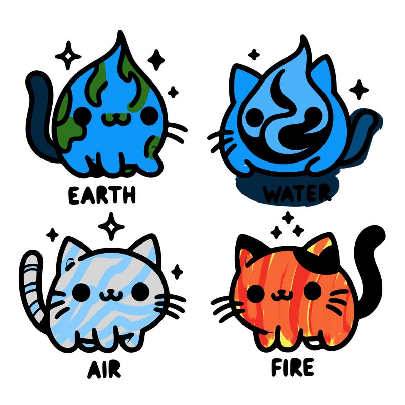 4 cats that represent the different elements, earth, water, air, and fire