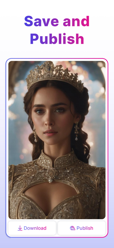 AI generated portrait of a woman in royal attire with download and publish buttons in the Gencraft app