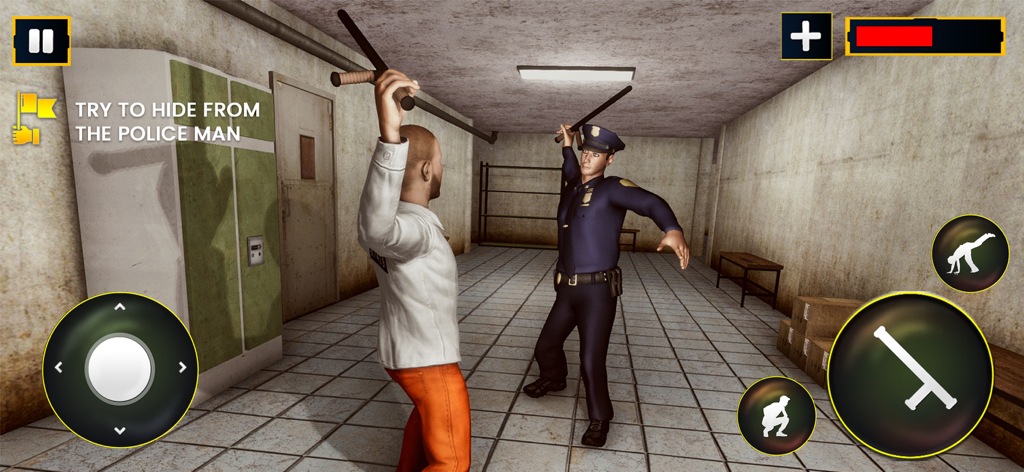 A prisoner in orange pants facing a police guard with a baton in a prison corridor.