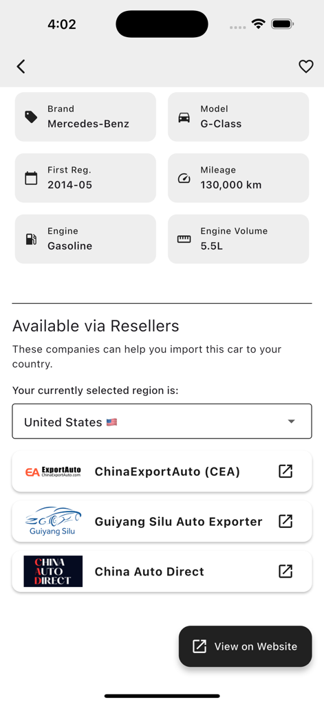 メルセデス・ベンツGクラスの自動車リスト。技術仕様と、米国市場向けの国際輸入再販業者のオプションが表示されています。