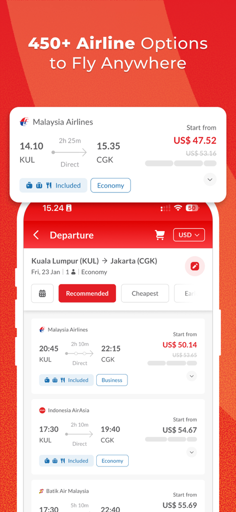 Airpaz: Flight & Hotel Booking - クアラルンプールからジャカルタへのさまざまなフライト予約オプションを表示しているAirpazモバイルアプリのインターフェース。