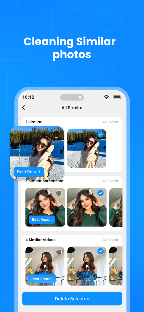 AI Cleaner - Storage Cleanup - AI Cleaner app interface showing similar photos and videos grouped for easy storage cleanup with smart AI recommendations