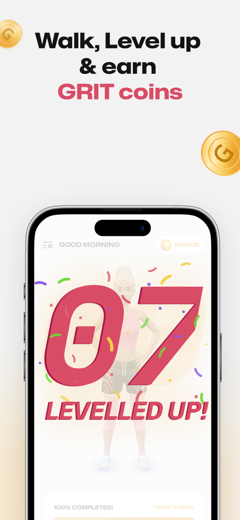 Fitmint: Walk & Steps tracker - Fitmint app interface showing a level up notification to level seven with floating grit coins and confetti