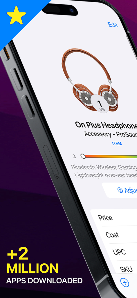 Inventory management app showing item details for headphones with stock level and barcode data