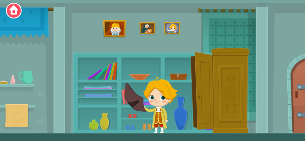 Un personaggio del Piccolo Principe in versione cartone animato che tiene un panno in una stanza del castello con una libreria e un armadio.