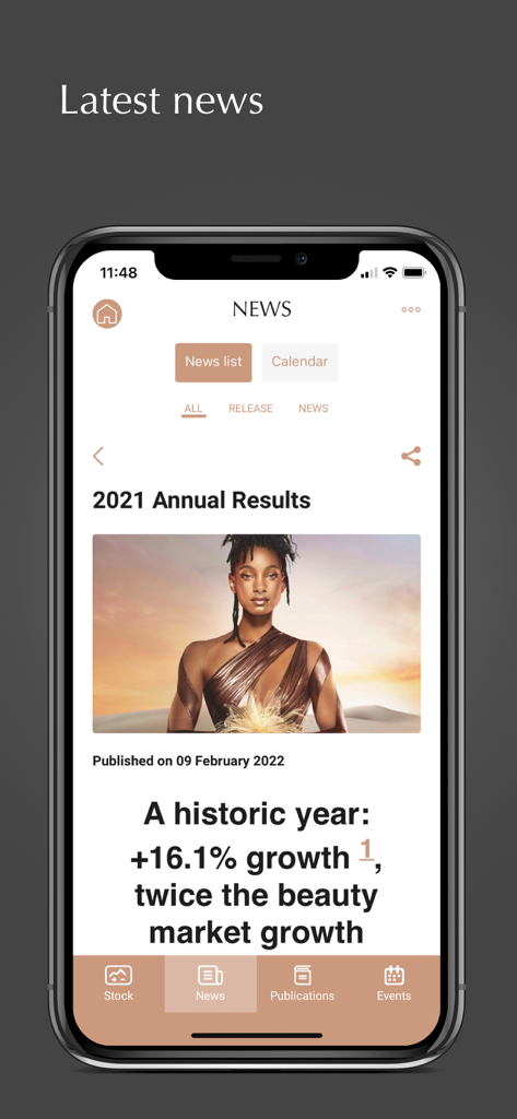 L’Oréal Investors - Sezione notizie dell'app Loreal Investors che mostra i risultati annuali 2021 con dati di crescita