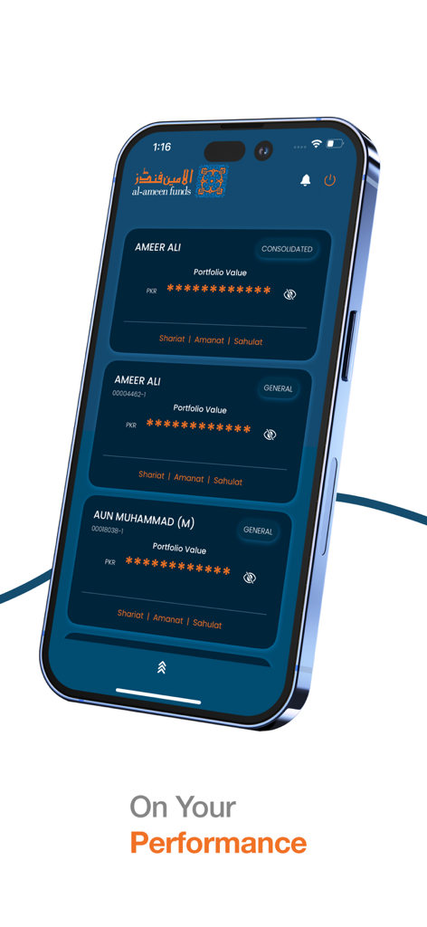 Smartphone screen displaying the Al Ameen Funds app investment portfolio dashboard