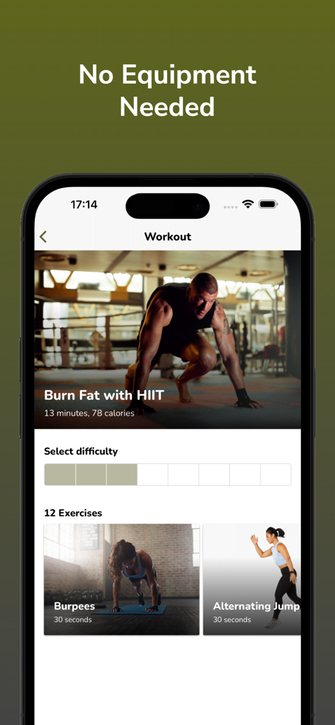 Una pantalla de smartphone que muestra una rutina de entrenamiento HIIT de la aplicación Military Style Fitness sin necesidad de equipo.