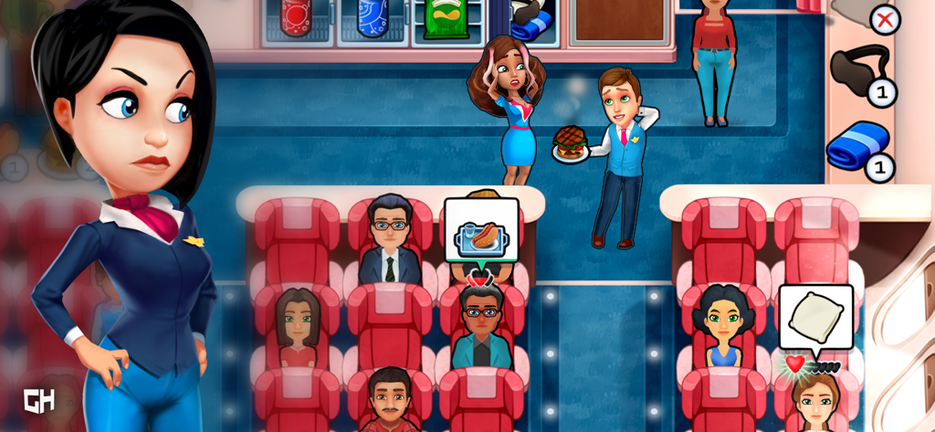 Gameplay scene in Amber's Airline showing characters serving passengers inside an airplane.