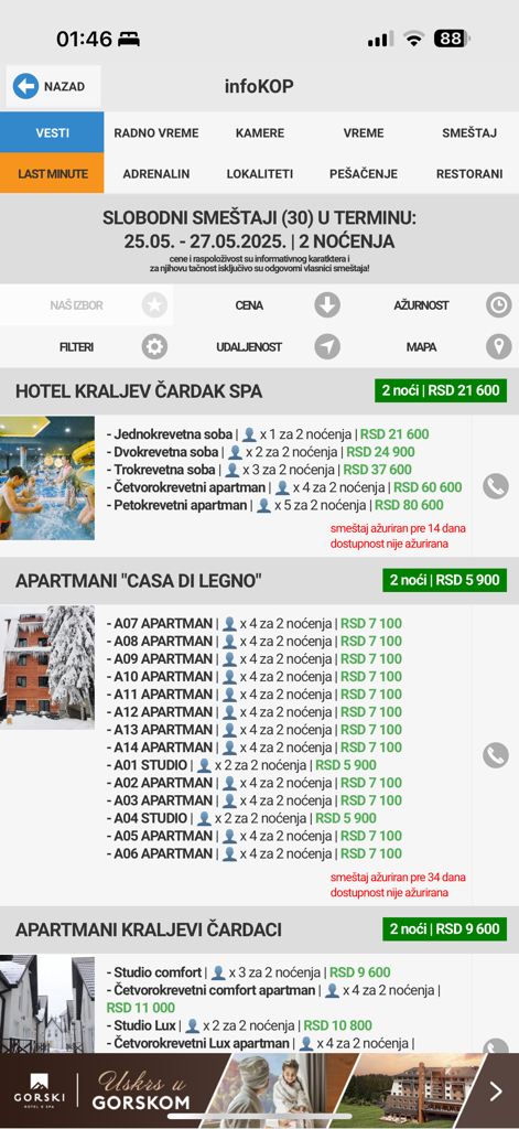 infoKOP - Liste verfügbarer Hotels und Apartments mit Preisen in der infoKOP-App