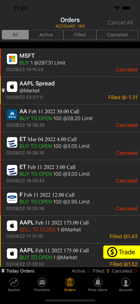 SogoTrade Pro app interface displaying trade order history with status of stock and options transactions.