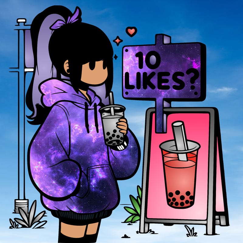 girl with oversized hoodie drinking boba and she has a high ponytail with a sign that says 10likes?