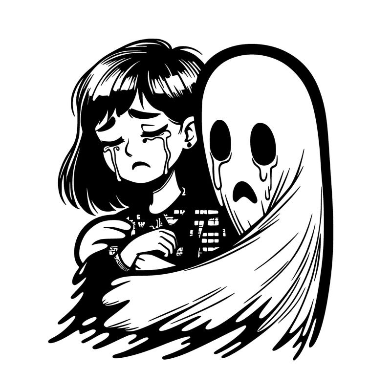 realistic girl crying but a ghost is huging her