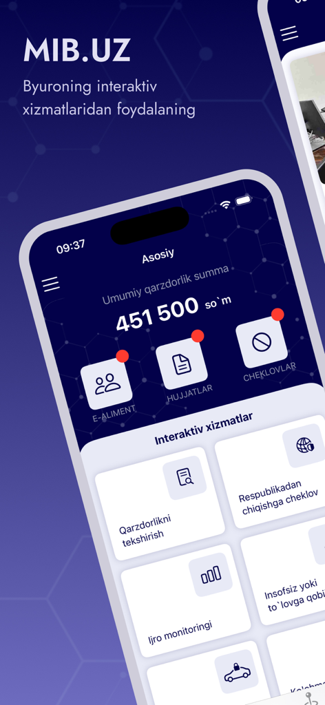 mib.uz - mib.uz app home screen showing debt balance and interactive government services