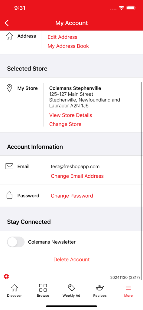 Colemans - The My Account page of the Colemans grocery app with options to manage addresses and store selection