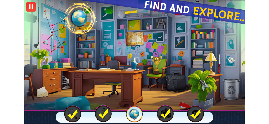 Hidden Objects Seek And Find - A hidden object puzzle game level showing a detailed office room with items to find.
