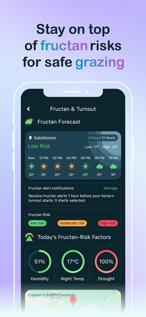 Happie Horse Management - Interface of Happie Horse app showing a fructan risk forecast and environmental factors for safe horse grazing