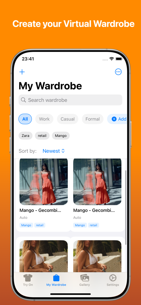 AI Clothe Changer: FashFit - The My Wardrobe screen of the FashFit app showing a collection of saved outfits and fashion categories