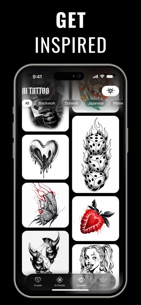 Tattoo AI Design Generator - Galerie von KI-generierten Tattoo-Designs in verschiedenen künstlerischen Stilen