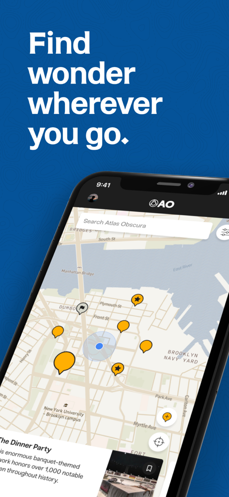 Atlas Obscura Travel Guide - Atlas Obscura app interface showing a map of unique travel locations and hidden gems.