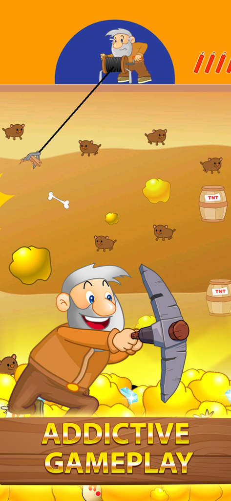 Comic-Minenarbeiterfigur, die in einem unterirdischen Arcade-Spiel Gold und Diamanten abbaut