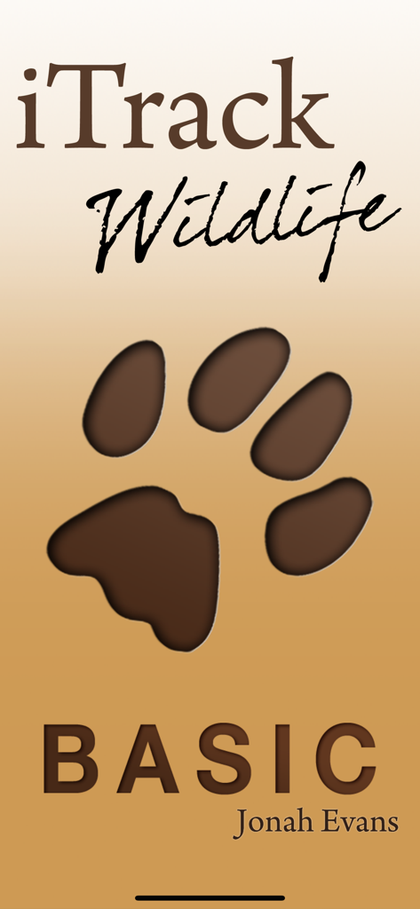 iTrack Wildlife Basic - Splash screen of the iTrack Wildlife Basic app featuring a large animal paw print and the author name Jonah Evans