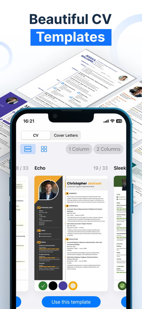 WeBuildCV: Resume Maker PDF AI - Uma tela de aplicativo móvel mostrando uma seleção de modelos de currículos profissionais para candidatos a emprego