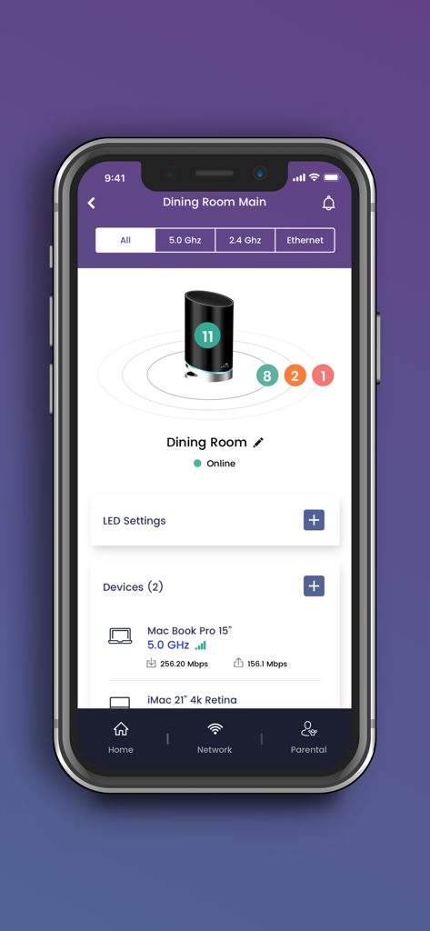 SURFboard Central - Pantalla de la aplicación SURFboard Central mostrando el estado de la red y los dispositivos conectados con métricas de velocidad