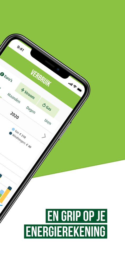 Greenchoice - Interfaz de la aplicación móvil Greenchoice que muestra estadísticas de consumo de energía para gas y energía eólica
