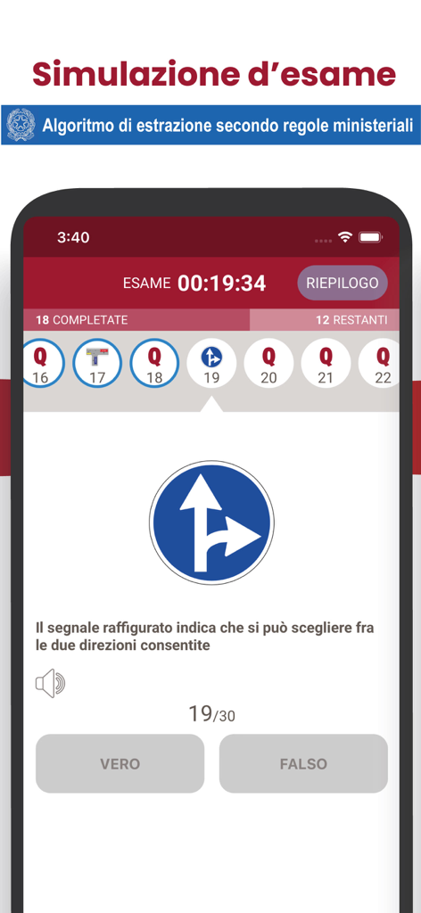 Quiz Patente 2026 - Italian driving license exam simulation screen in the Quiz Patente app